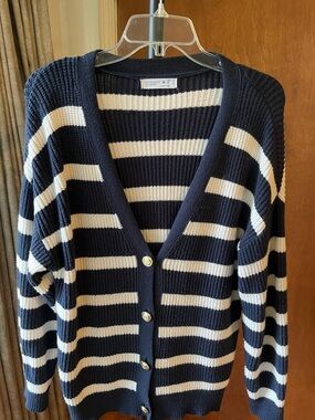 Primark Navy and Cream Striped V-Neck Button Cardigan